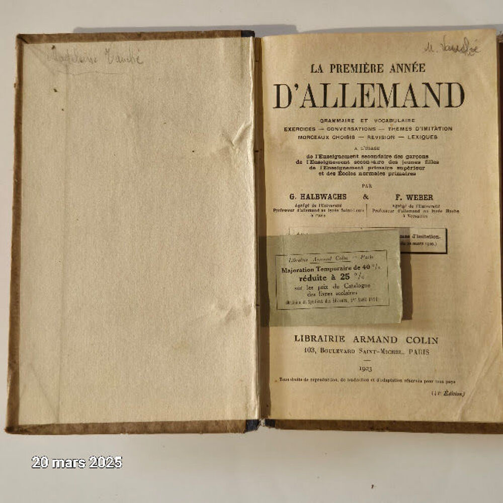Cours d'allemand , exercices Halbwachs et Weber, 1923 Livres et BD