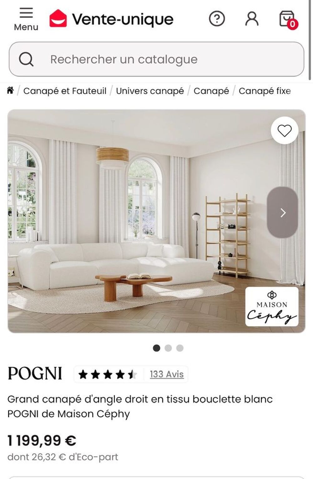 Grand canap&eacute; d'angle droit en tissu bouclette blanc POGNI Meubles