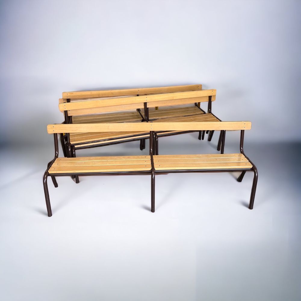 Bancs d'&eacute;cole bois clair et acier marron ann&eacute;es 80 Meubles