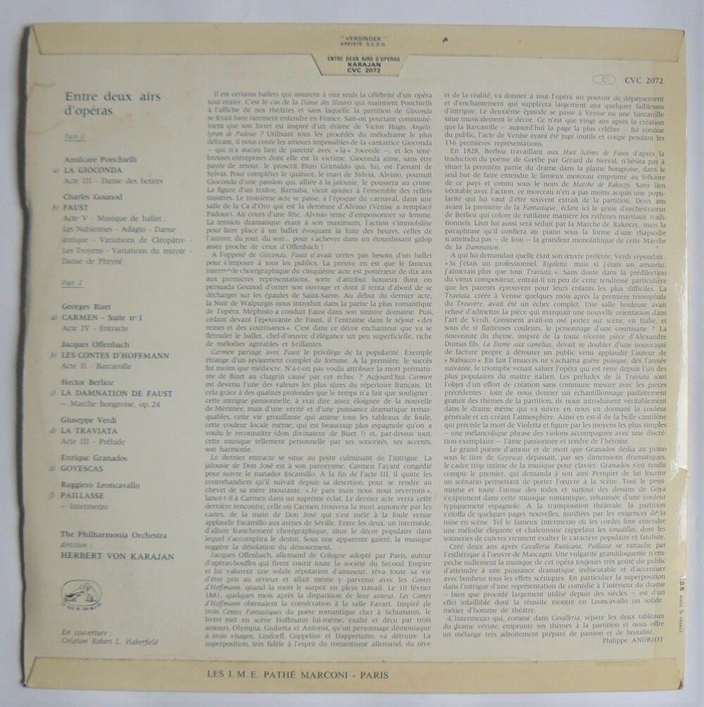 LP Herbert von KARAJAN : Entre deux airs d'Op&eacute;ra CD et vinyles