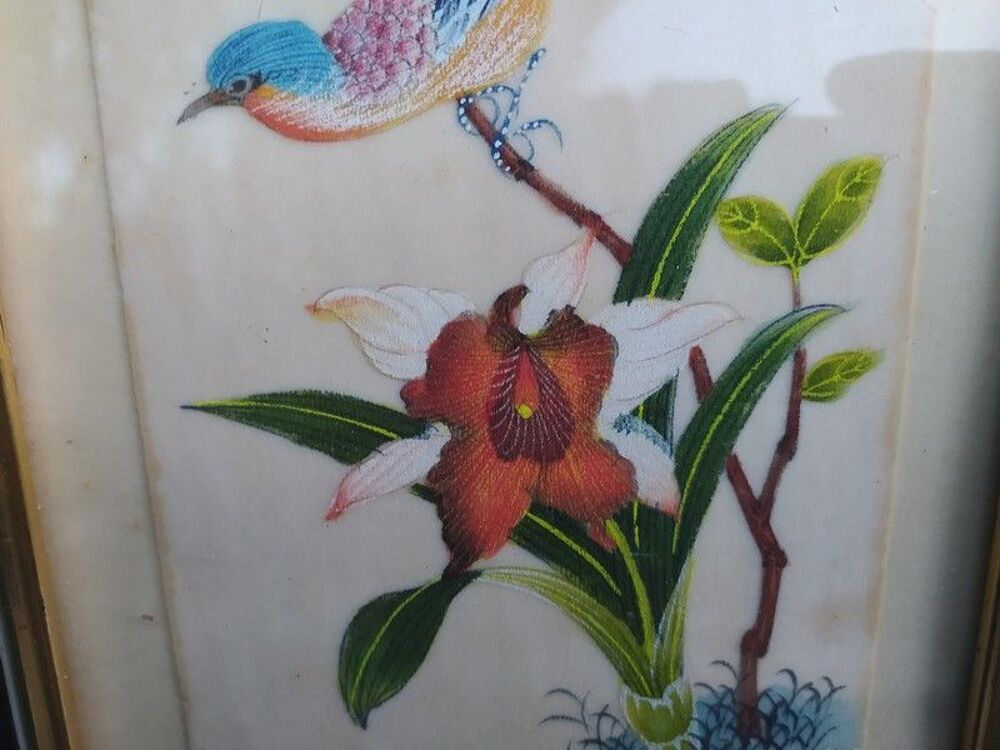 Ancienne Peinture Oiseau et Fleur Exotique Style Asiatique 
