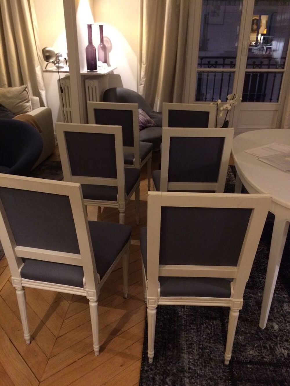 chaises 6 Directoire refaites en tissu gris Meubles