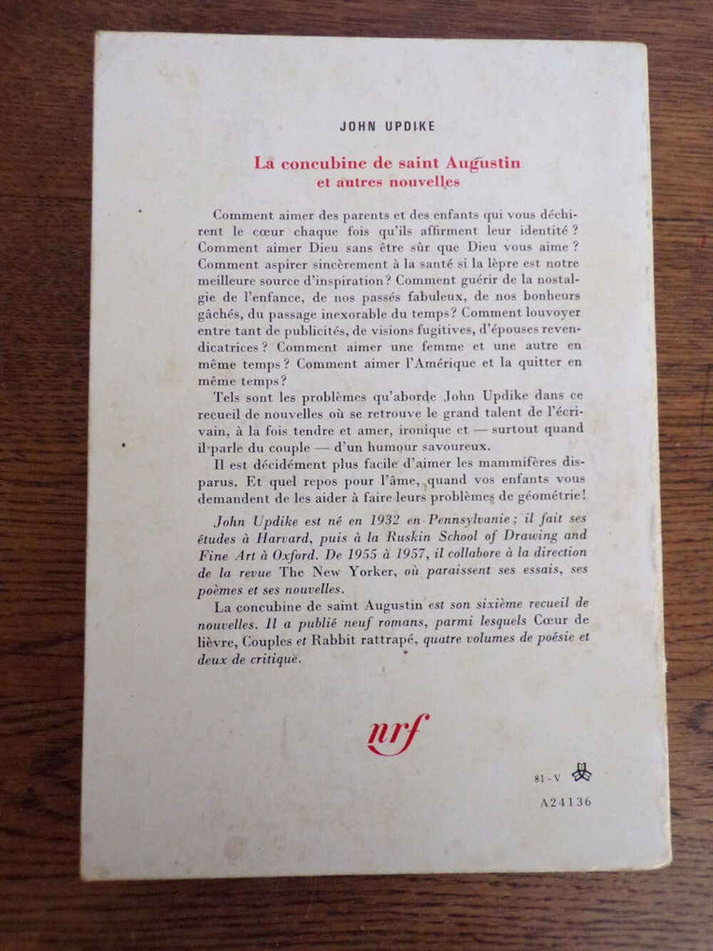 La concubine de Saint Augustin John Updike &eacute;dition Gallimard Livres et BD