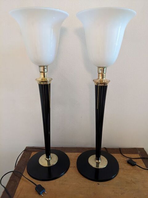 Paire de 2 lampes art déco MAZDA laquées noire avec tulipe e Marseille 13 (13)