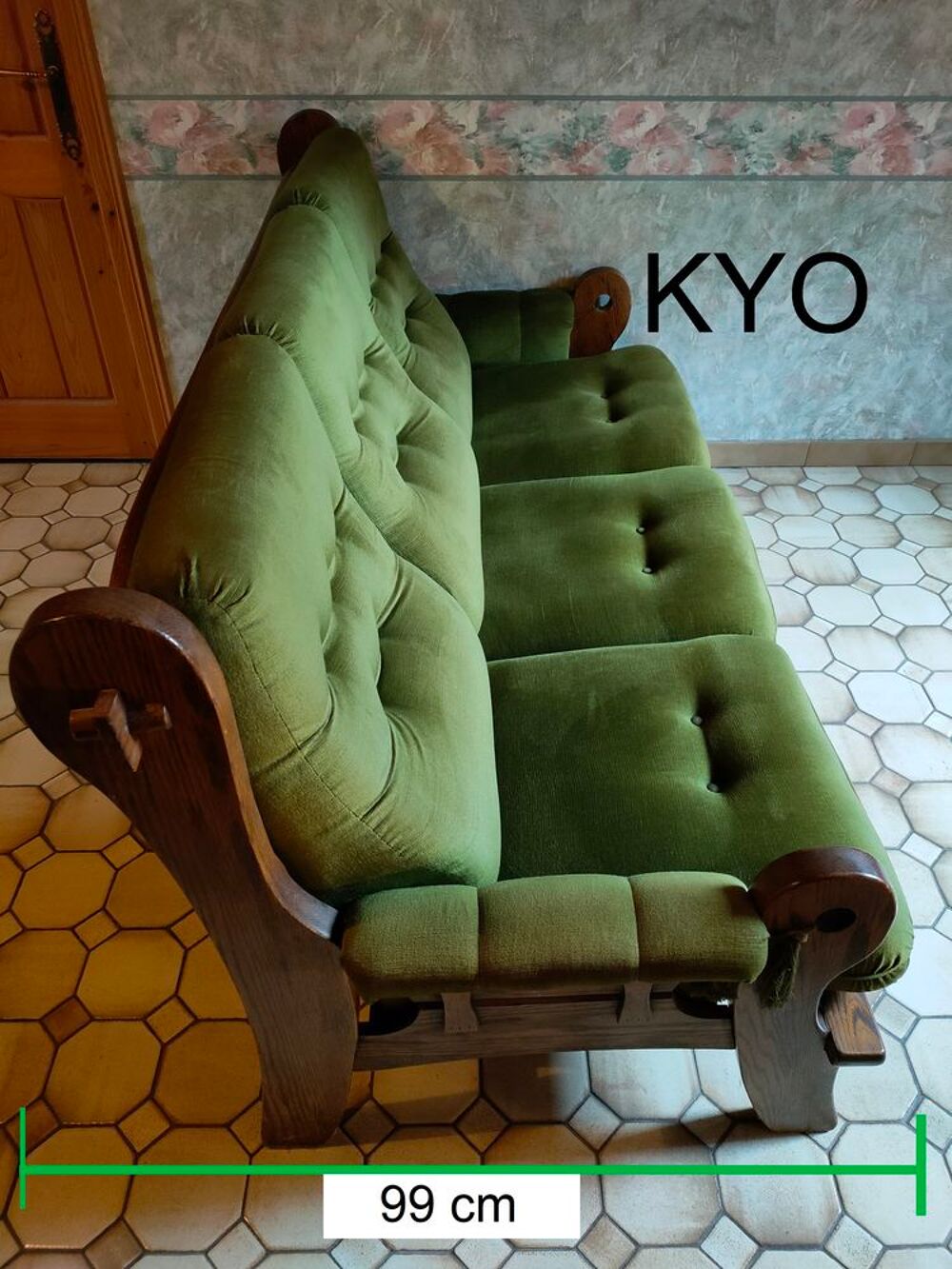 Canap&eacute; droit fixe 3 places, accoudoirs, 194 cm velours vert Meubles