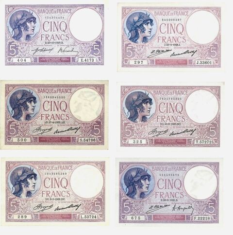 F3 5 f violet lot de 6 billets NEUFS RARE 335 Raismes (59)