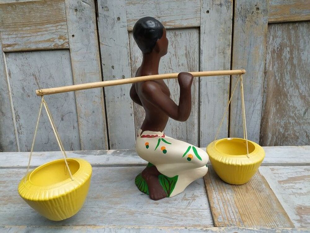 Statuette Africaine Porte Plante C&eacute;ramique Vintage ca1950 Décoration