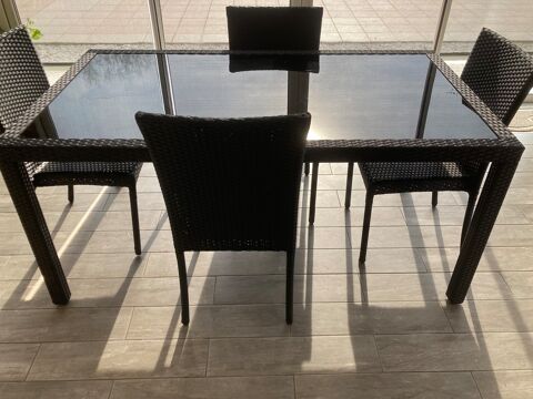 Table avec 4 chaises effet rotin foncé Parentis-en-Born (40)