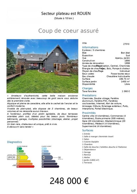   MAISON � LA CAMPAGNE � 18KM DE ROUEN. Maison - 6 pi�ce(s) - 107 m�