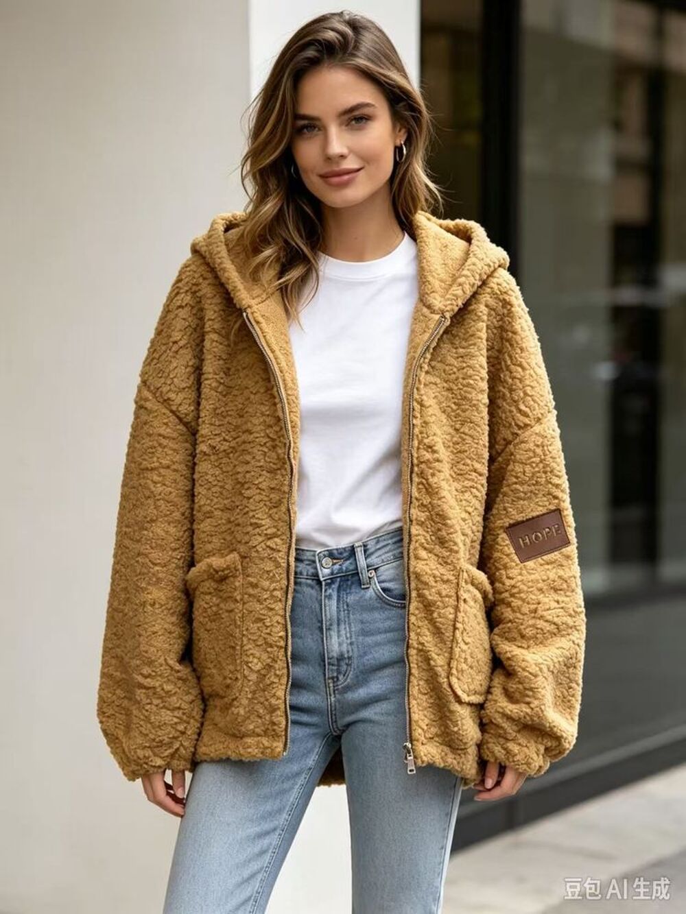 Veste teddy camel &agrave; capuche zip oversize Vêtements