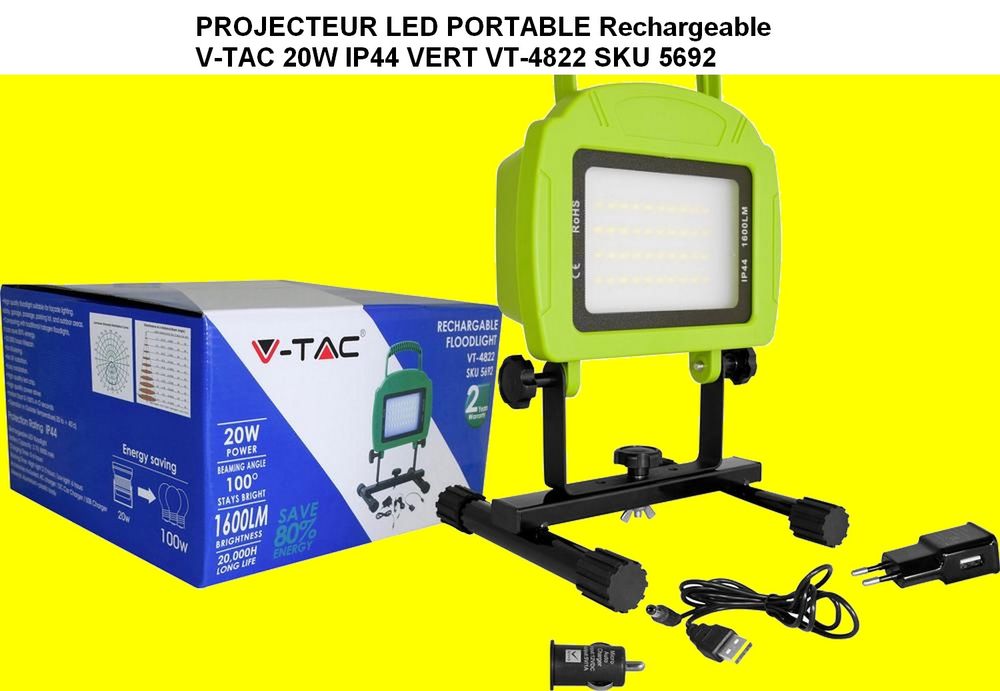 PROJECTEUR LED PORTABLE Rechargeable V-TAC 20W IP44 VERT VT- Bricolage