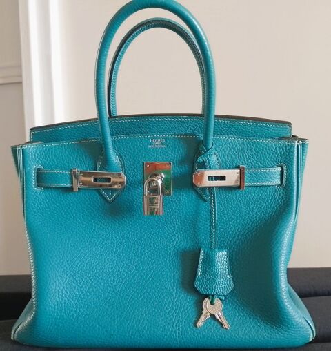 Sac Hermès Birkin 30 en cuir Togo Bleu turquoise Paris 5 (75)