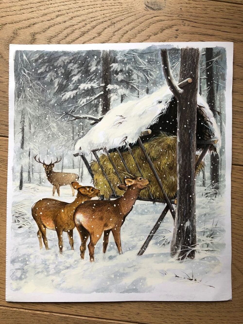 Joli dessin biches dans la neige (vraie peinture, originale) 