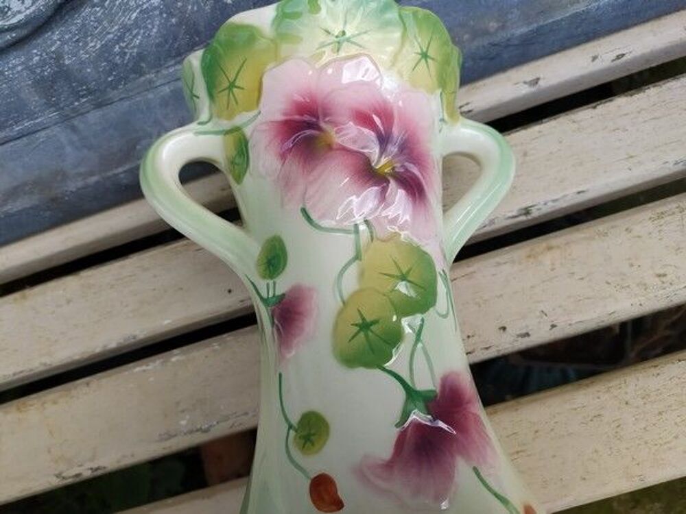 Vase Fa&iuml;ence Saint-Cl&eacute;ment Capucines Style Art Nouveau Décoration