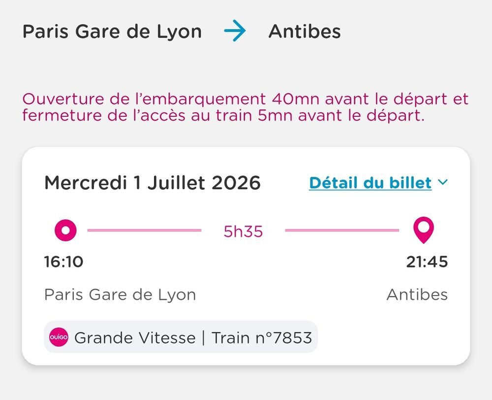 Billet de train Paris Antibes 1er juillet Billetterie