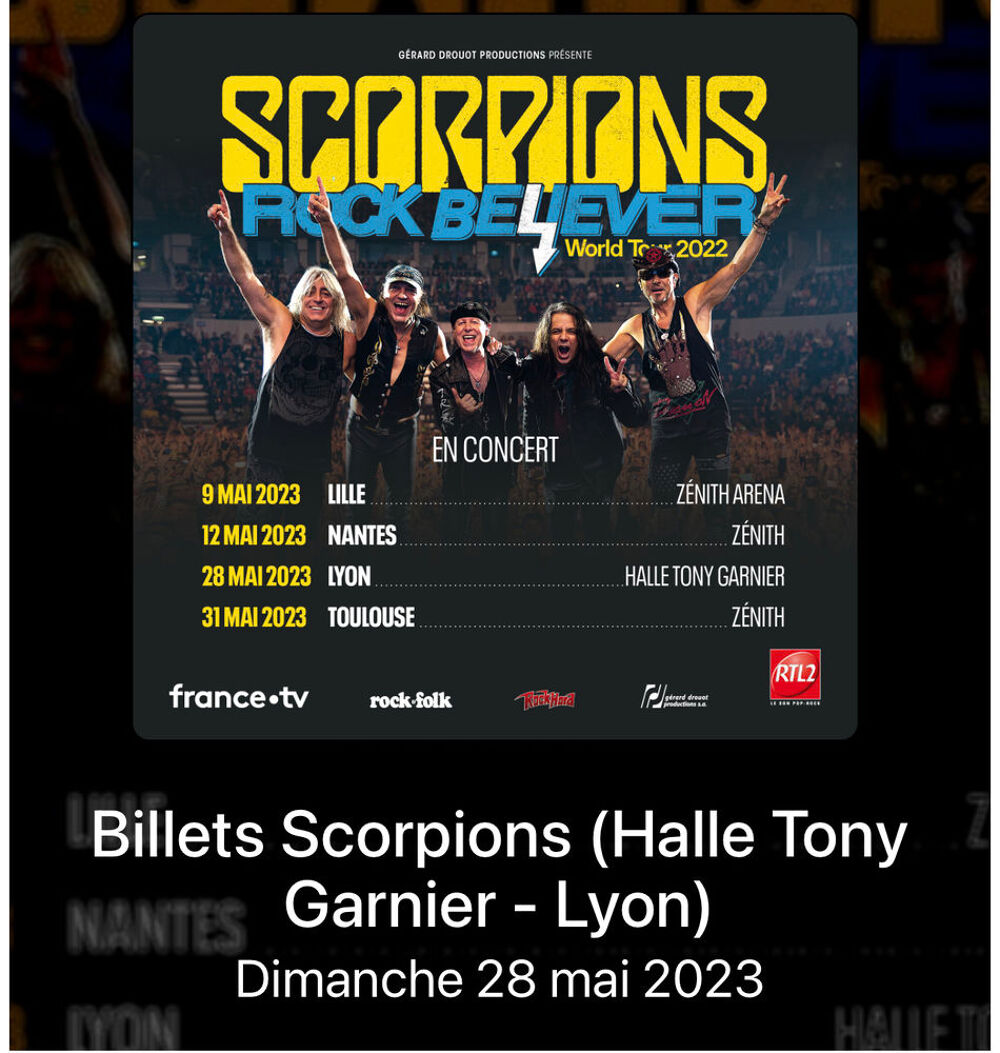 Concert SCORPIONS LYON HALLE TONY GARNIER Billetterie