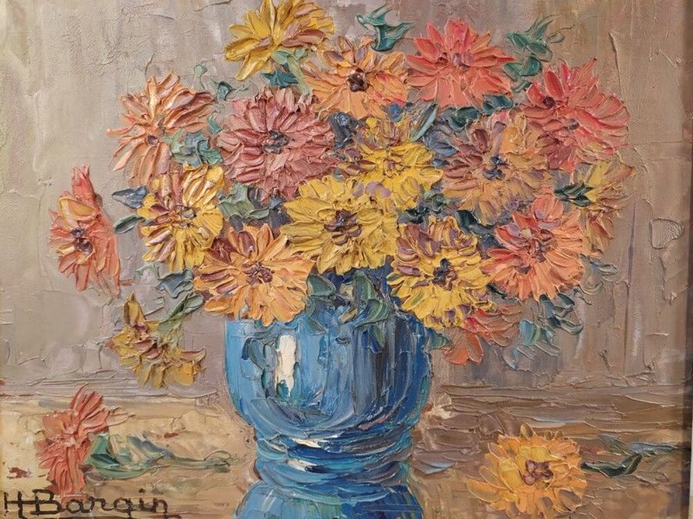 Ancien Tableau Bouquet de Fleurs Sign&eacute; Henri Bargin ca1960 Dcoration