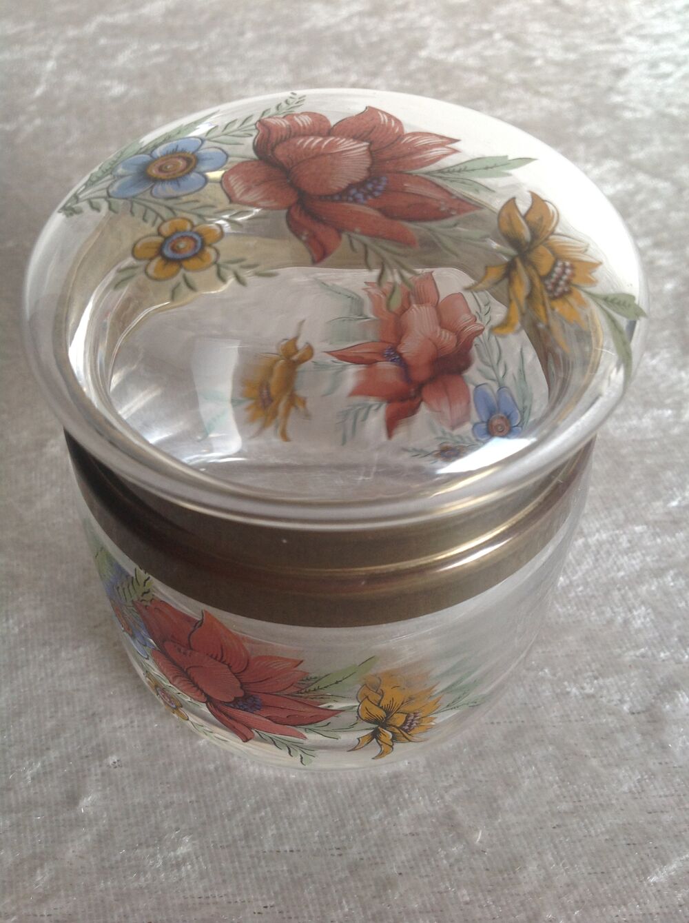 BOITE BONBONNI&Egrave;RE VINTAGE EN VERRE D&Eacute;COR FLEURS Envoi Possib Décoration