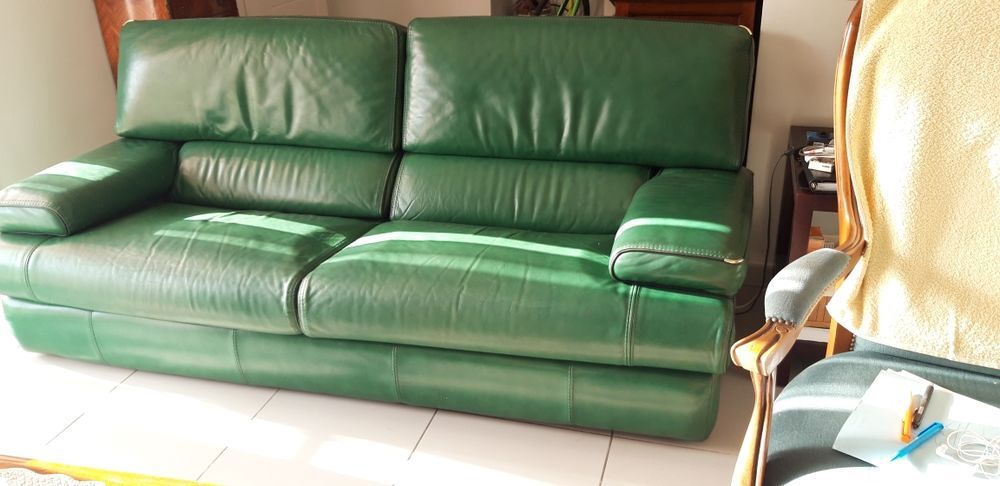 canap&eacute; 3 places, en cuir couleur vert bronze. tres bon &eacute;tat. Meubles