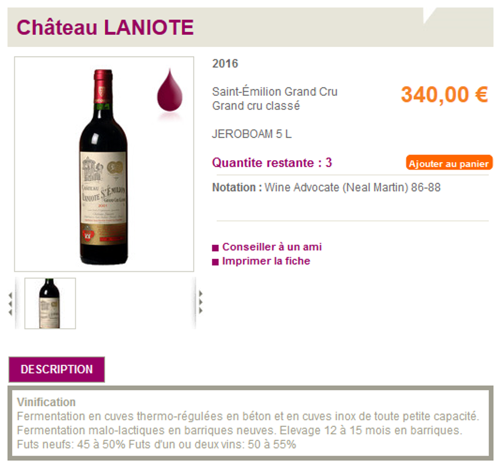 Ch&acirc;teau Laniote Saint-Emilion Grand Cru 1995 j&eacute;roboam (5l.) Cuisine