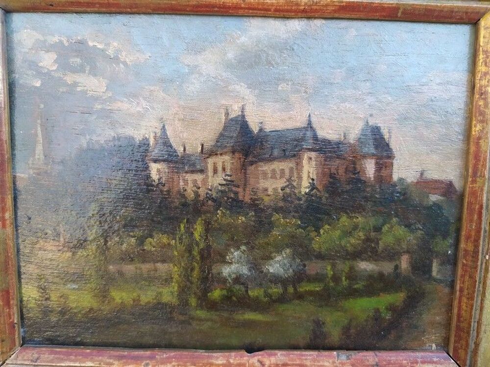 Tableau Peinture sur Bois Ch&acirc;teau XIX&egrave;me Cadre Dor&eacute; Feuille 