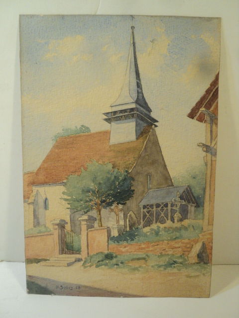 HENRI SOLUS Aquarelle Paysage �glise Village 1928 40 Loches (37)