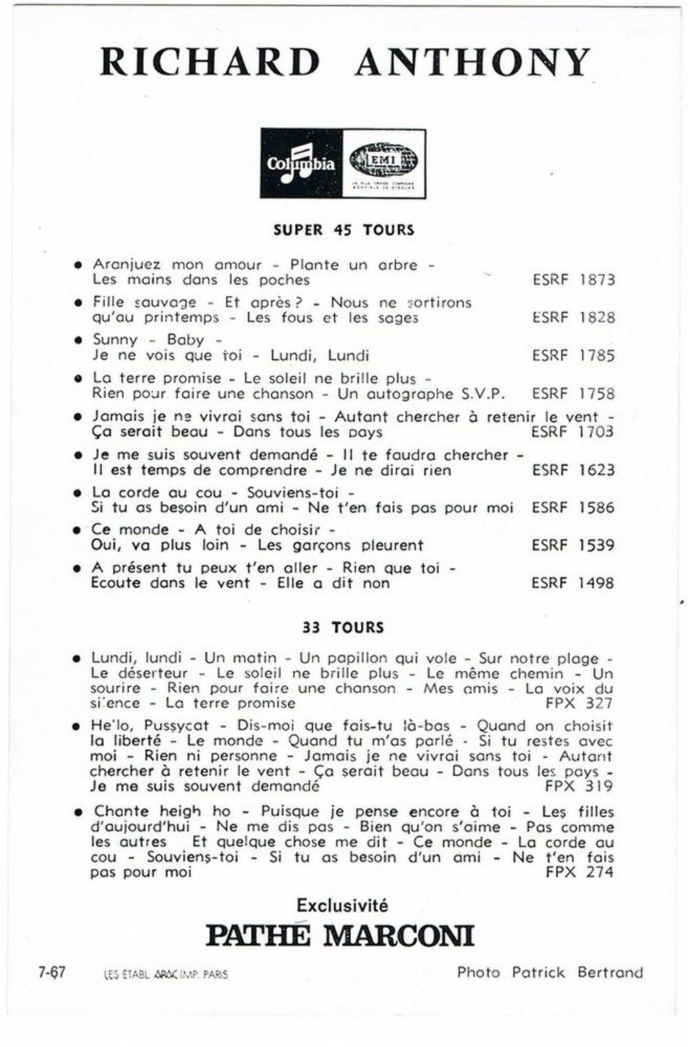 RICHARD ANTHONY Photo Carte Publicitaire Noir &amp; Blanc 1967 