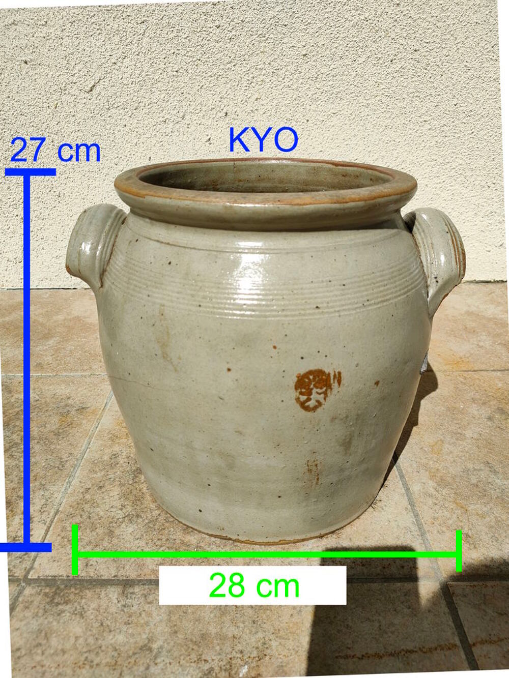 Pot/cache-pot rond terre cuite poign&eacute;es gris vintage saloir Jardin
