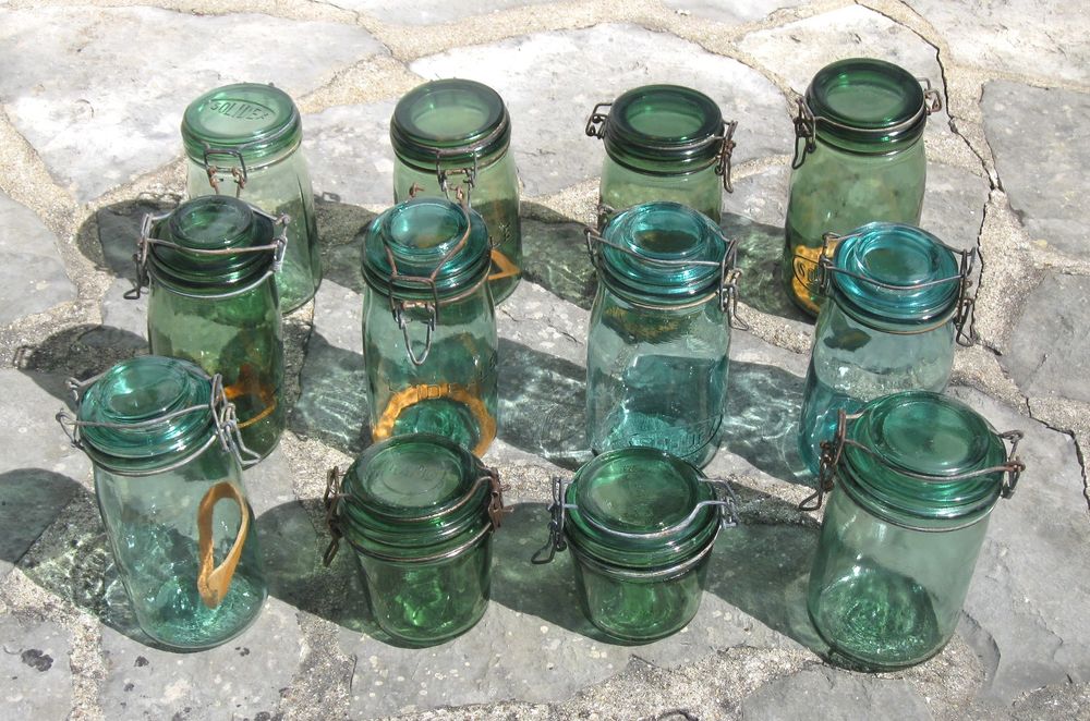 Lot de 12 Bocaux &agrave; conserves anciens de couleur verte Cuisine