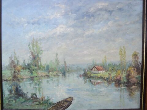 Grand Tableau Paysage Rivire Impressionniste XXe 80 Loches (37)