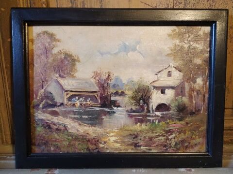 Ancien Tableau Paysage Lavandières Signé 90 Loches (37)