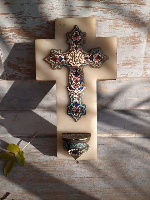 Croix Religieuse �mail Cloisonn� Marbre et Laiton XIX�me 60 Loches (37)