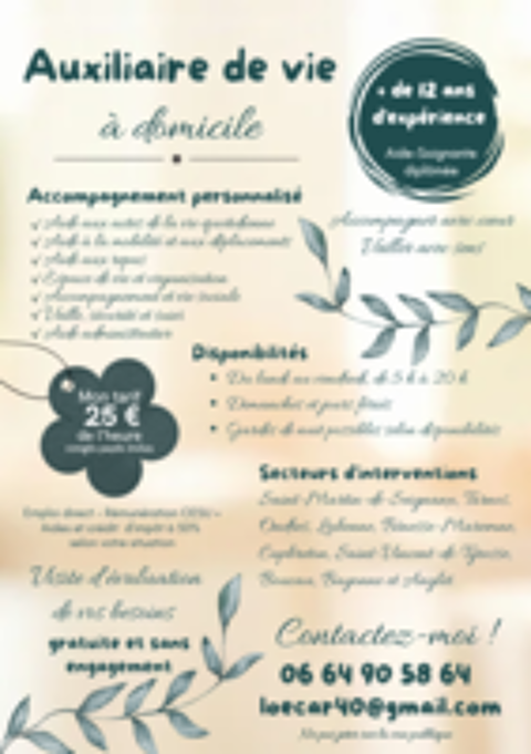  ?AUXILIAIRE DE VIE expérimentée, disponible?40440 Ondres 