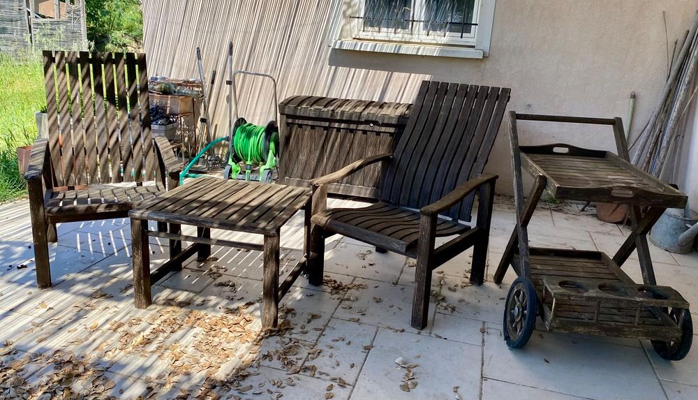 Salon jardin TECK , table/ 2 fauteuils/ coffre/ desserte Jardin