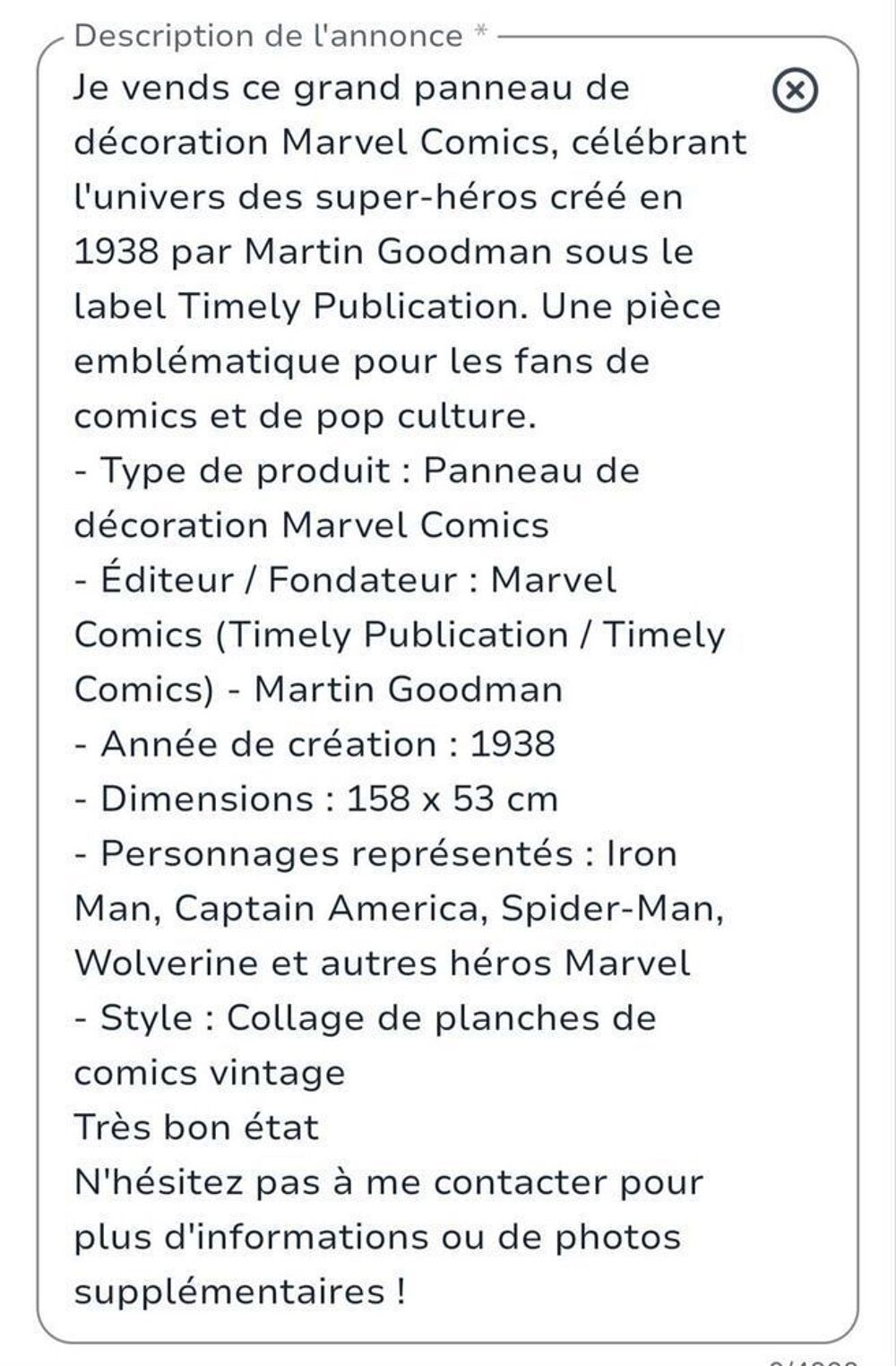 Grand Panneau : Marvel Comics . 1938 ( &agrave; l'origine Timely Publication Puis Timely Comics ) fondateur Martin Goodman . dimension 53 x 158 cm d&eacute;coration Décoration