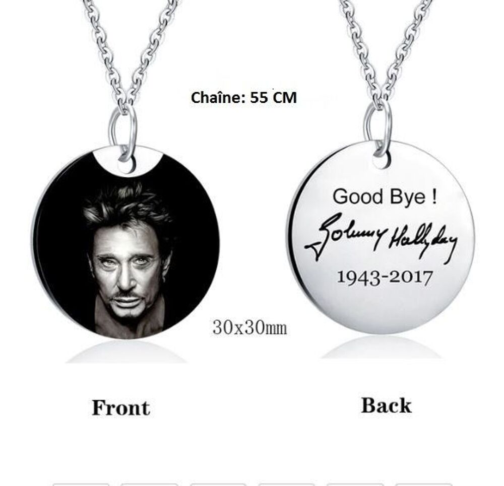 Collier hommage Johnny Hallyday, pendentif circulaire Bijoux et montres