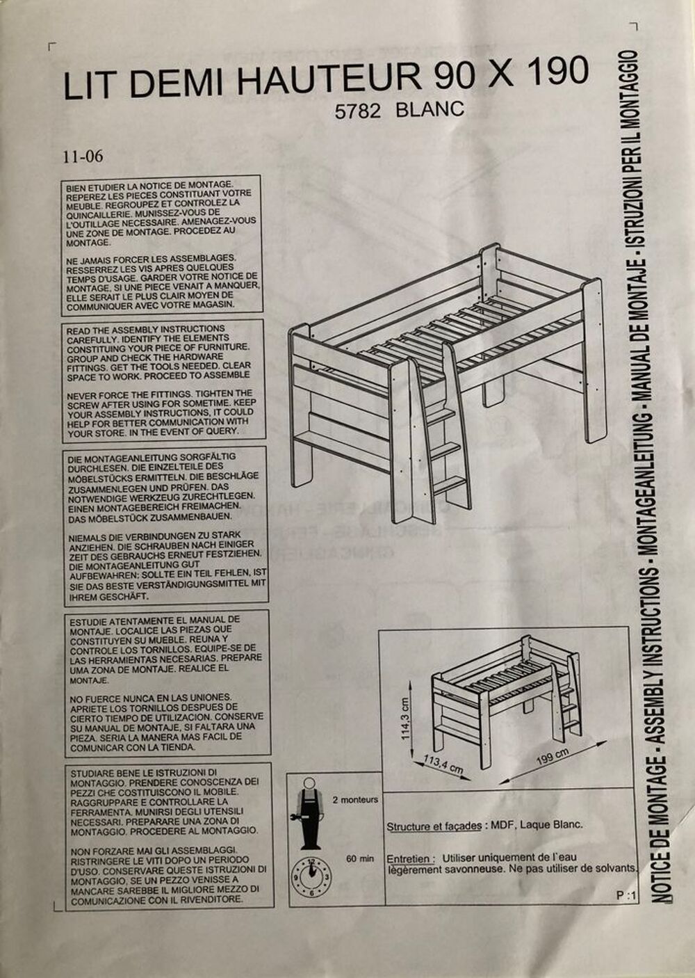 LIT DEMI HAUTEUR 90x190 AVEC BUREAU INT&Eacute;GR&Eacute; Meubles