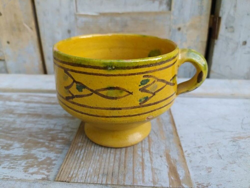 Ancien Bol &agrave; Anse C&eacute;ramique Tunisie D&eacute;cor Gla&ccedil;ure Vert Jaune Décoration