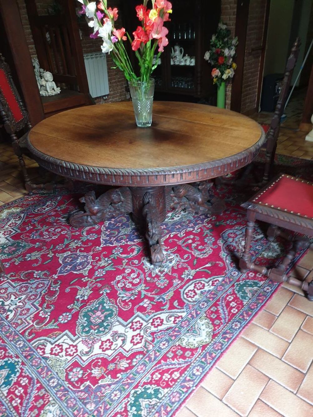 SALLE A MANGER compl&egrave;te ch&ecirc;ne fonc&eacute; th&egrave;me chasse Fin XIX&deg; Meubles
