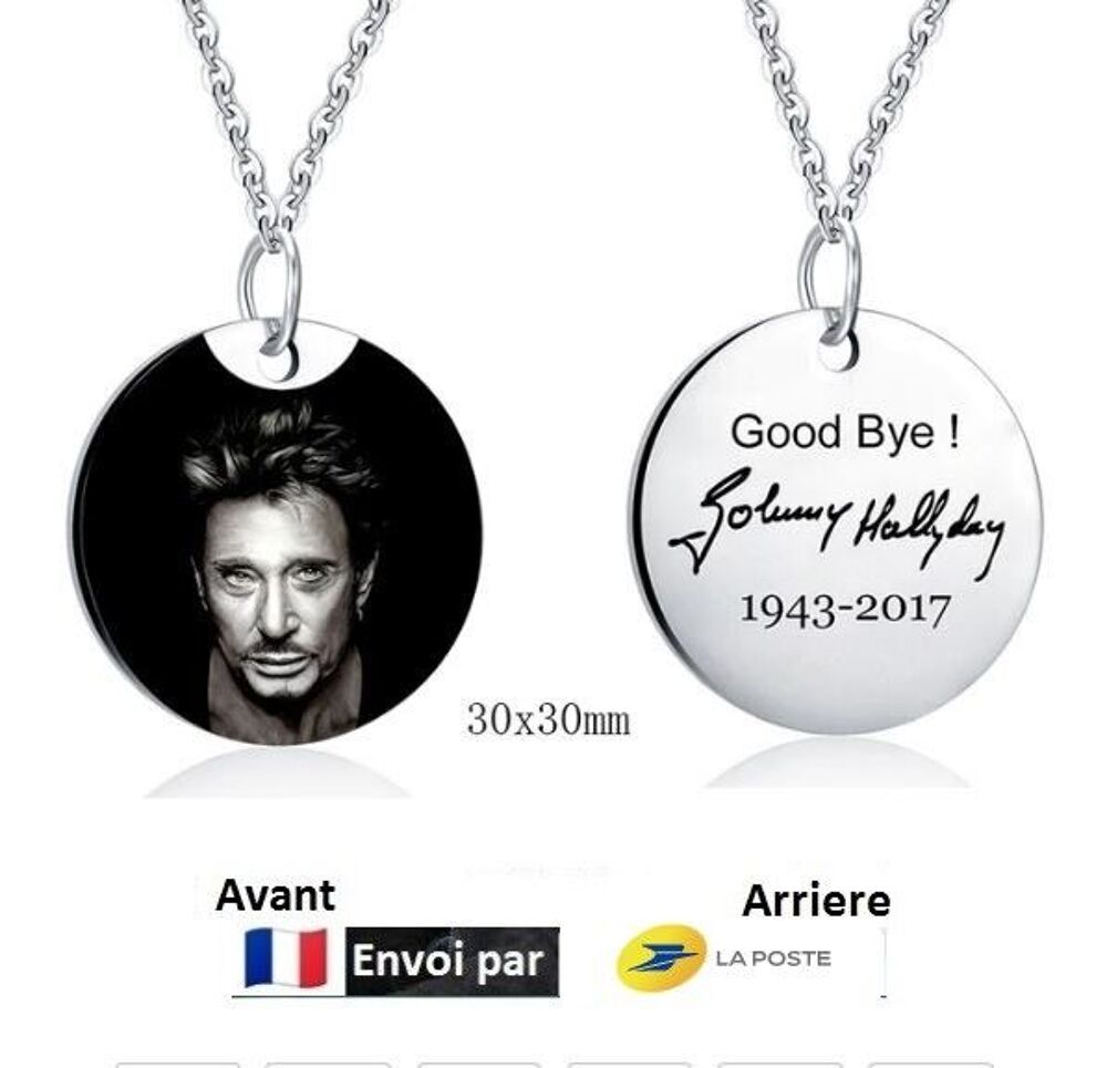 Collier hommage Johnny Hallyday, pendentif circulaire Bijoux et montres