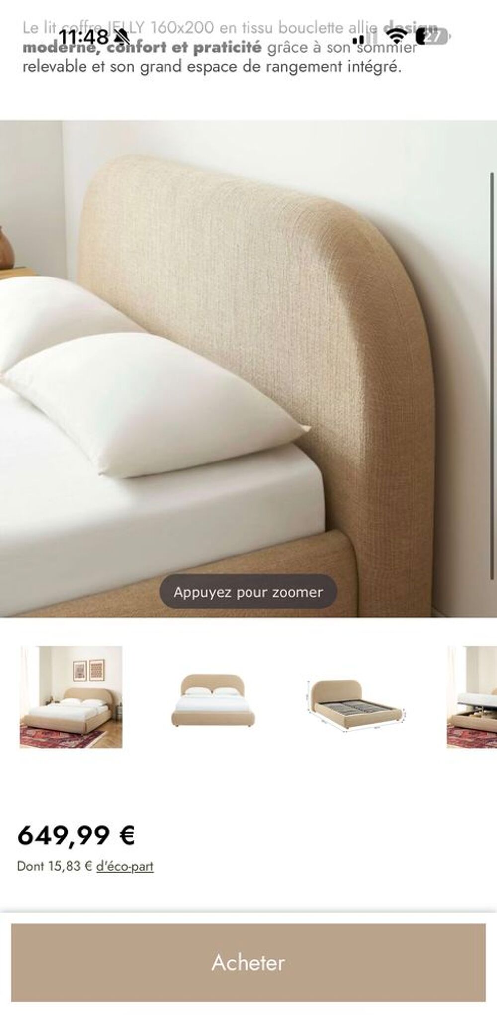 Lit coffre JELLY 160x200 tissu bouclette beige sommier inclu Meubles