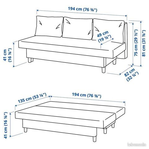 Canap 3 places convertible IKEA ASARUM (ou LVDALEN) gris 240 Grenoble (38)