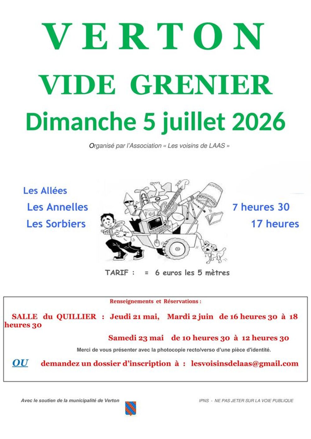 VIDE GRENIER 
DIMANCHE 5 JUILLET 2026
&agrave; VERTON (62180) Vide grenier, march� aux puces, braderie