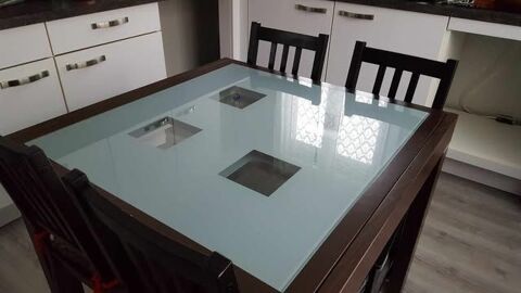 Belle table en bois double rallonge dessus verre 4 chaises 50 Beaune (21)