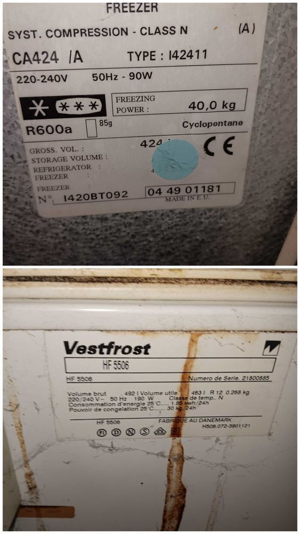 2 Cong&eacute;lateur Bahut Brandt 424/L /Vestfrost 492/L Fonction rapide Pourvoir 30/40kg/24h Electroménager