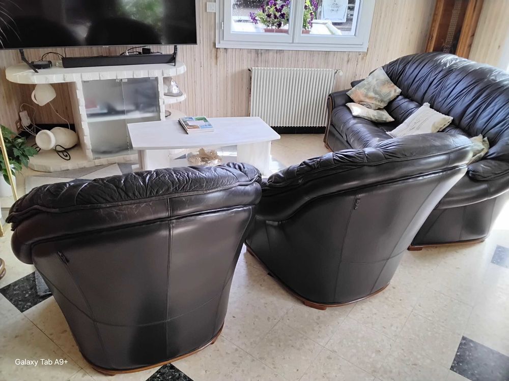2 fauteuils et 1 canap&eacute;en Cuir. Meubles
