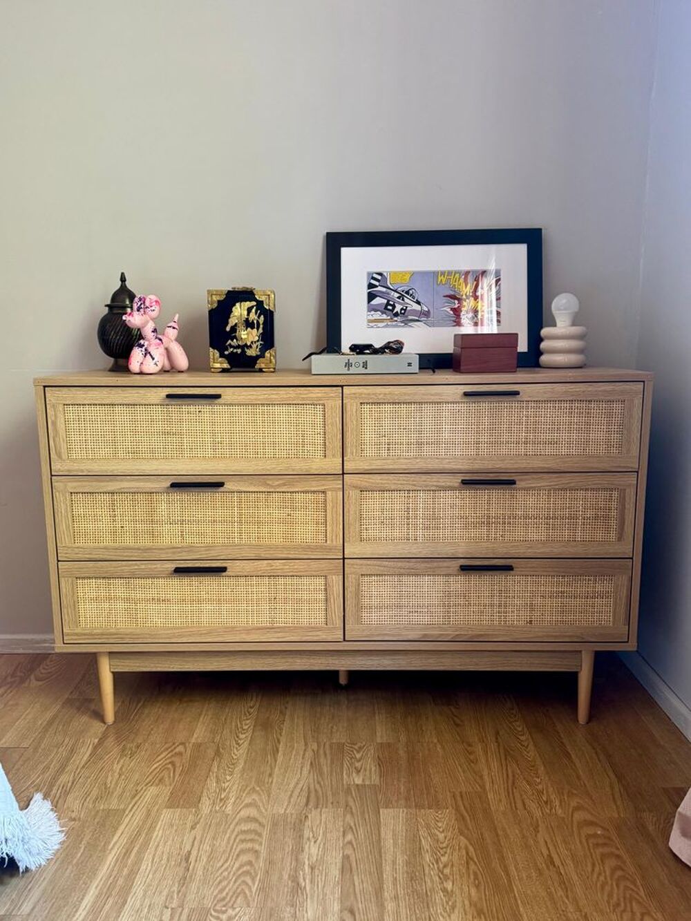 Commode AMANA 6 tiroirs (effet ch&ecirc;ne &amp; cannage rotin) Meubles