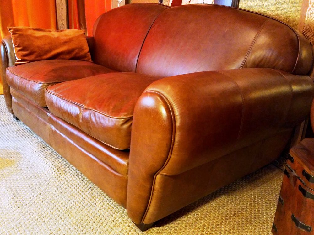 Canap&eacute; 3 places et fauteuil CLUB en cuir couleur havane Meubles