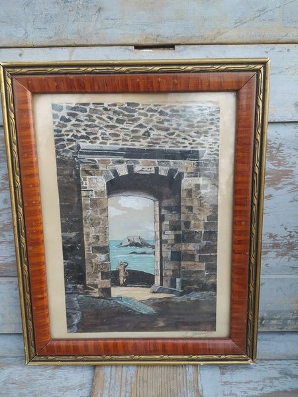 Tableau Dessin Gouache Marine P&ecirc;cheur Sign&eacute; Jampierre ca1930 