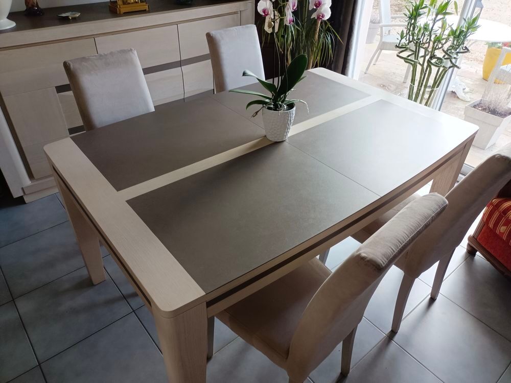 Belle table s&eacute;jour c&eacute;ramique et ch&ecirc;ne clair massif Décoration